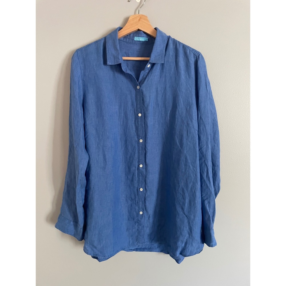 J.McLaughlin Button Down Shirt Womens L Blue 100% Linen Long Sleeve Coastal